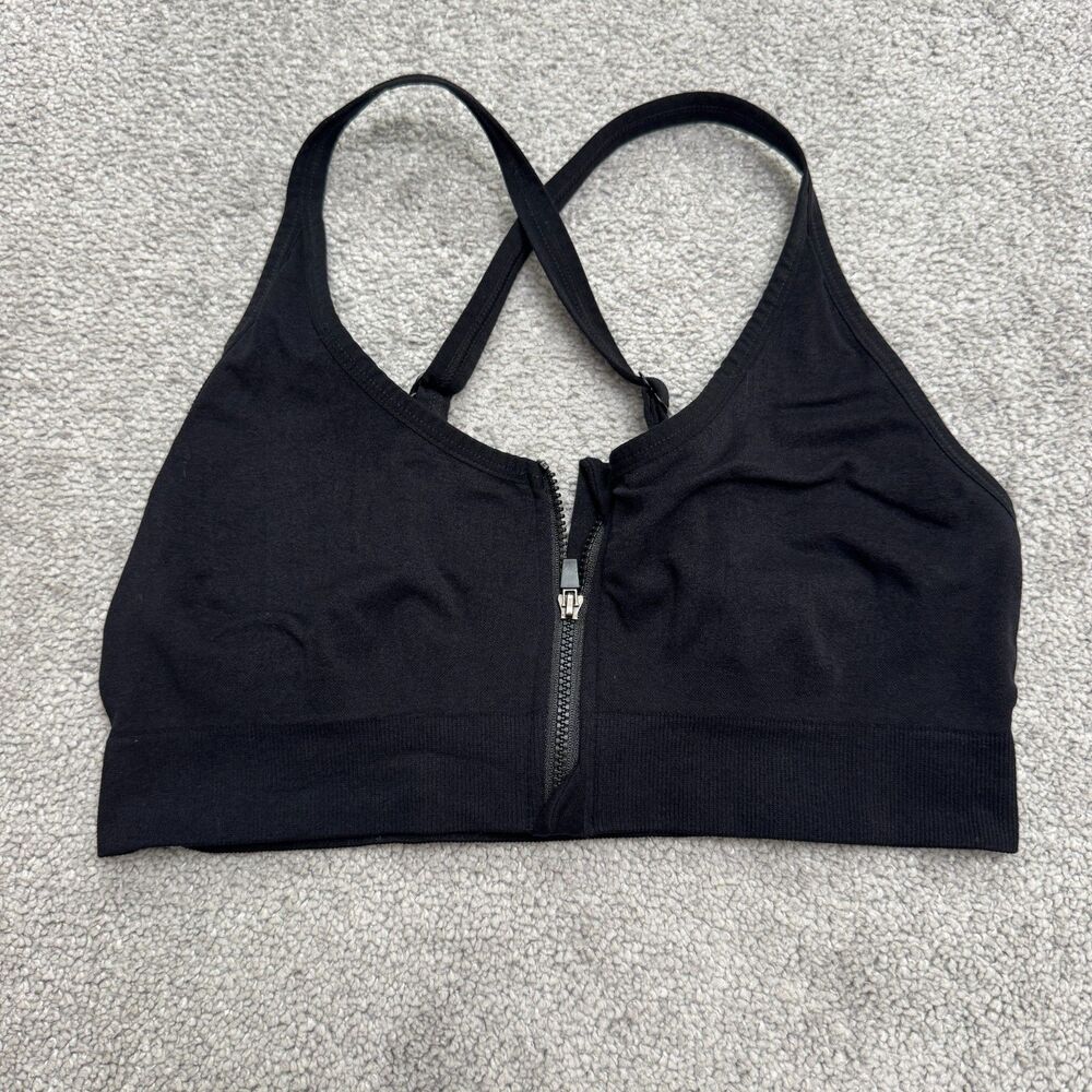 Unbranded Front Zip Racerback Wireless Seamless Sports Bra Women Large Black